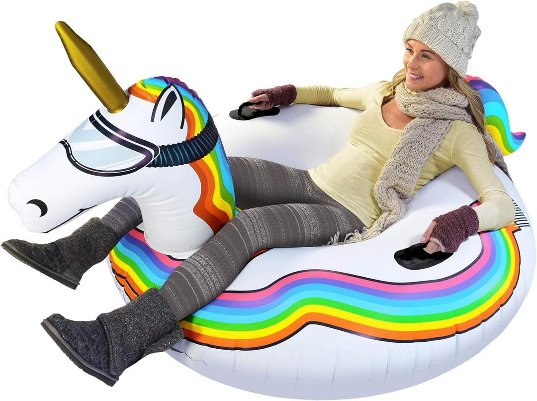 GoFloats Winter Snow Tubes - Choose from Unicorn, Disney's Frozen, Ice Dragon, Polar Bear, Penguin, Flamingo - Inflatable Sled for Kids and Adults (44 Inch)