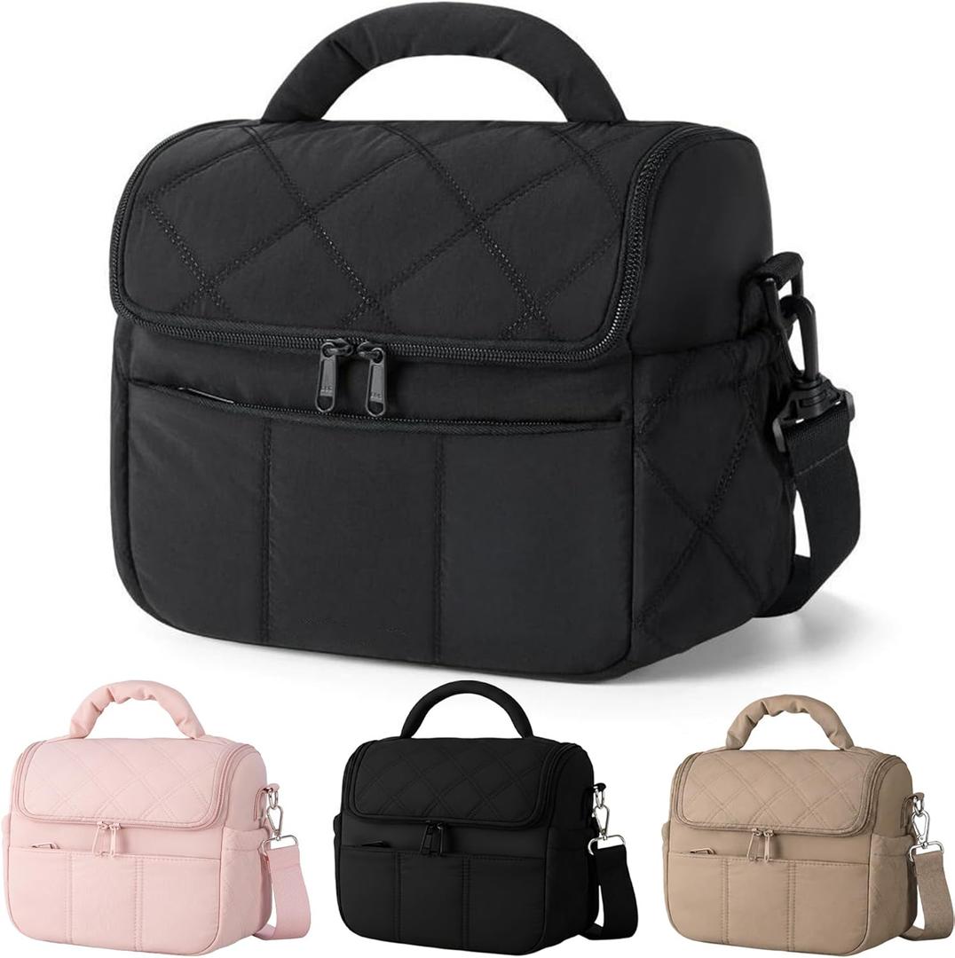 Insulated Lunch Bag Lunch Box for Women,Double Deck Leakproof Cooler Tote with Adjustable Shoulder Strap,Quilted Puffer Design & Durable,Large Reusable Thermal Meal Prep Bag for Work, Picnic, Travel (Small, Black)
