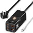 USB C Charger, 75W PD GaN3 Wall Rapid Charger Extension Cord with 3 U.S. AC Outlets and 1 Watch Wireless Charger, 2 USB-A Ports and 3 USB-C Ports, 9-in-1 Adapter for Office, Bedroom and Home