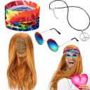 WILLBOND 4 Pieces Hippie Costume Set, Wig Peace Sign Necklace Sunglasses and Tie Dye Headband Pride 60s 70s Accessories(Straight Hair,Golden Brown)