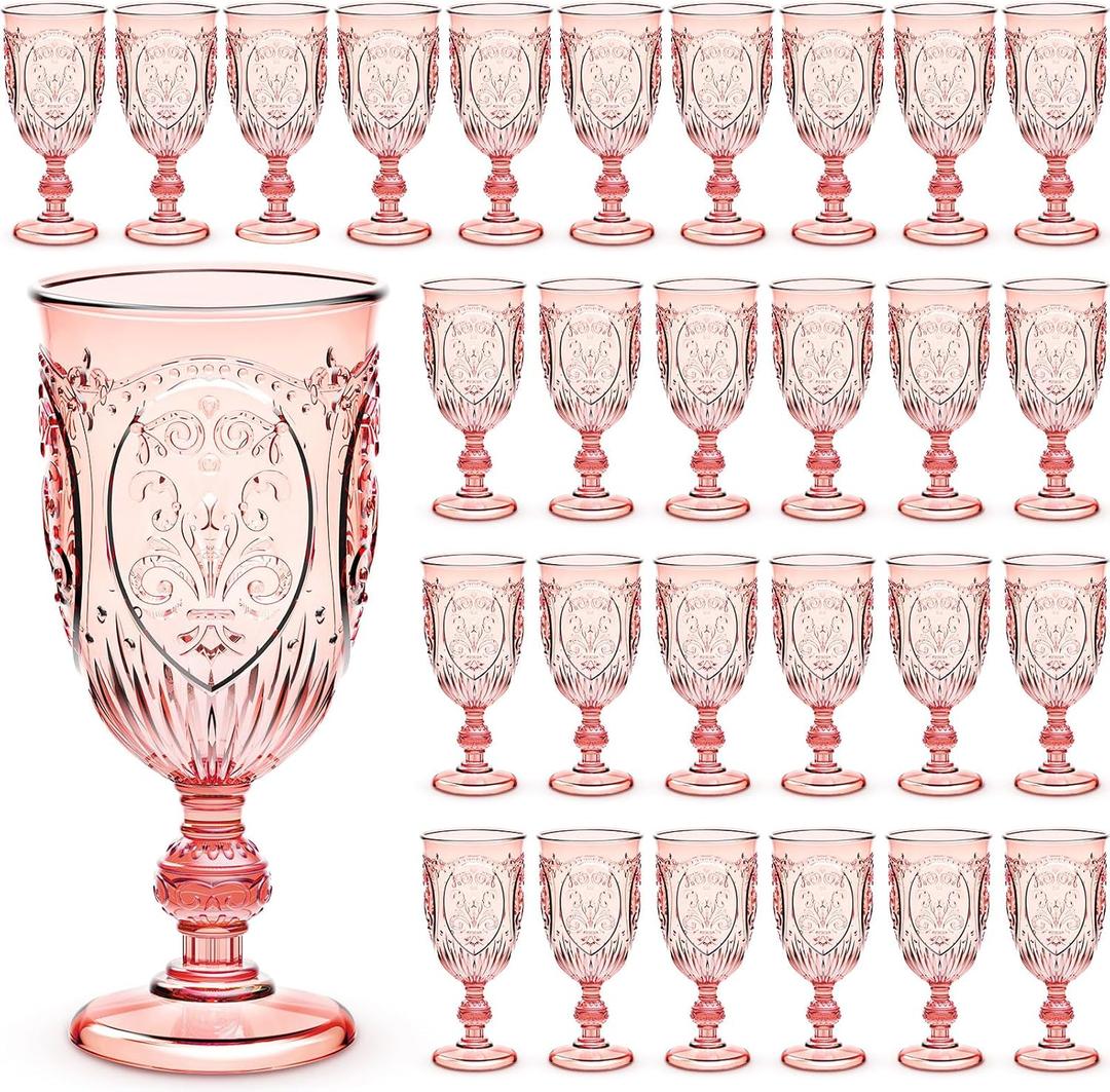 48 Pcs Plastic Goblets 7.5oz Vintage Goblet Plastic Wine Glasses Colored Retro Embossed Water Goblets for Wine Bar Juice Baby Shower Wedding Reception Grand Event Party (Pink)