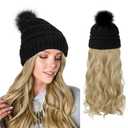 AynnQueen Beanie with Hair Attached for Women Slouchy Cable Hat Wig Knit Beanie Winter Hat with 20inch Removable Hair Extensions Wig (Ash Blonde-Black Hat)