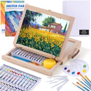 54 Pieces Watercolor Paint Set with Tabletop Easel Stand, Complete Starter Painting Art Supplies with Watercolor Paints, Canvases, Sketch Pads, Brushes and Palette for Adults Teens Kids Beginners