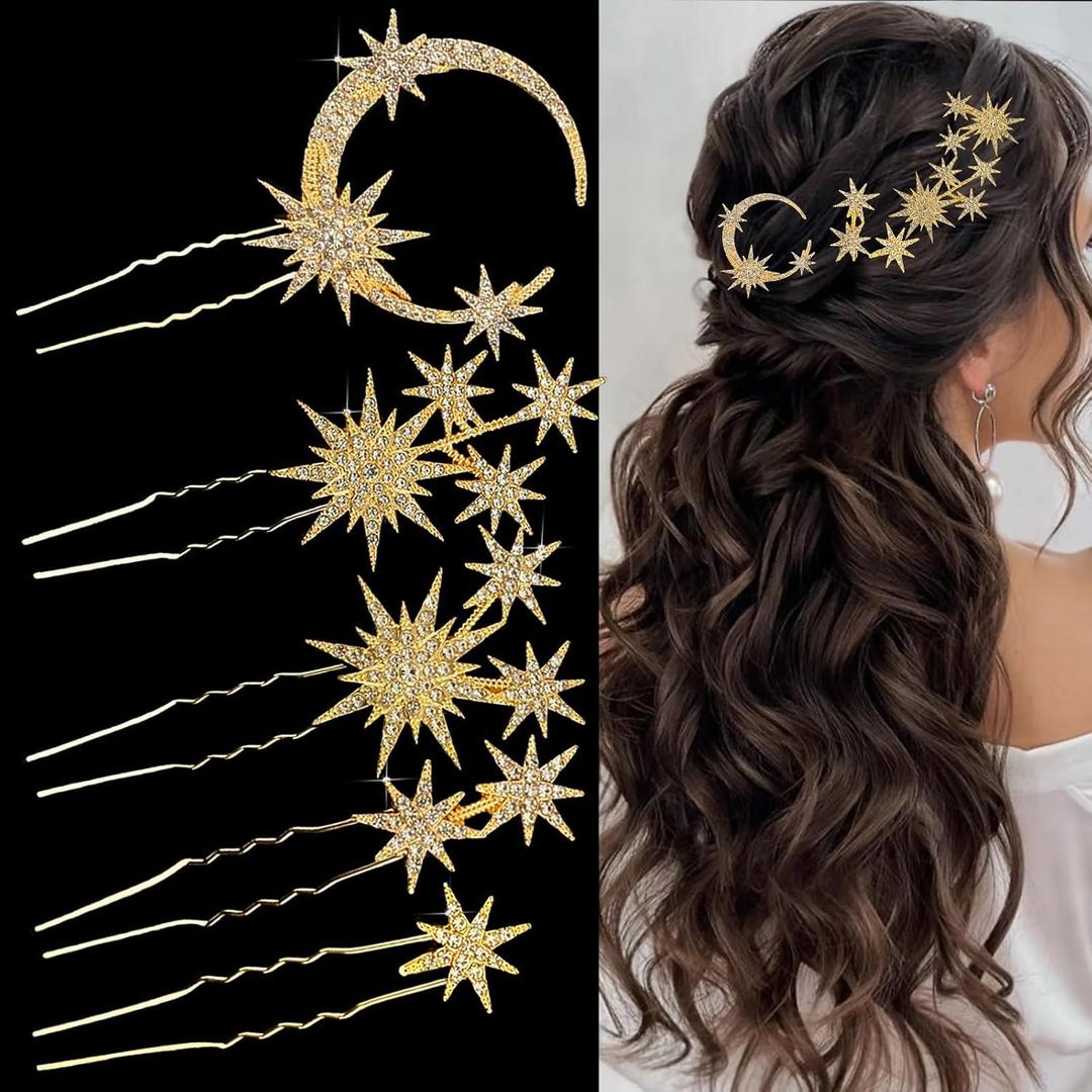 5 Pcs Celestial Crystal Bridal Hair Pins Set, Star & Moon Rhinestone Hair Accessories for Wedding, Goddess-Style Hair Pieces for Women(Gold)