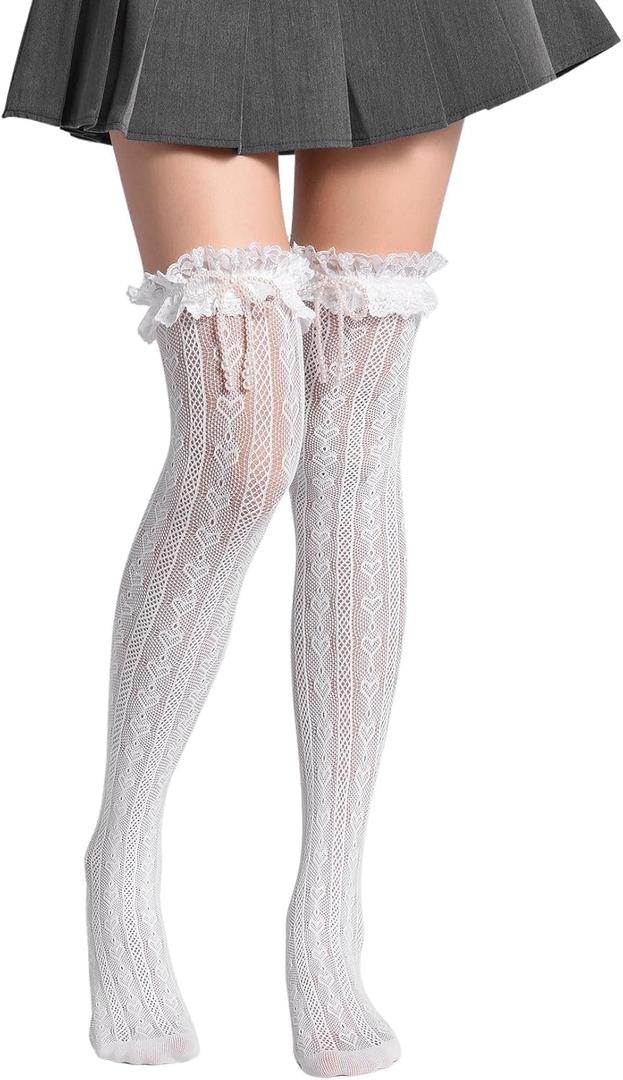 GORGLITTER Women's Lace Socks Knee High Fishnet Mesh Sexy Stockings With Faux Pearls (One Size)