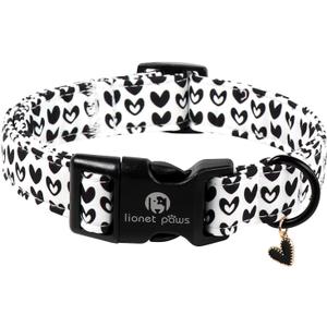 Lionet Paws Valentine's Day Dog Collars - Black Hearts White Dogs Collar with Plastic Buckle andHeart Pendant,Dog Collar for Medium Large Dogs