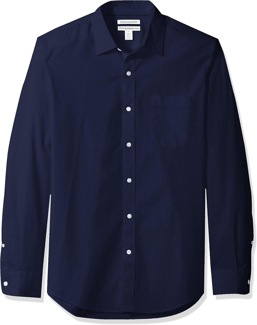 Essentials Men's Long-Sleeve Casual Poplin Shirt, Navy, X-Large