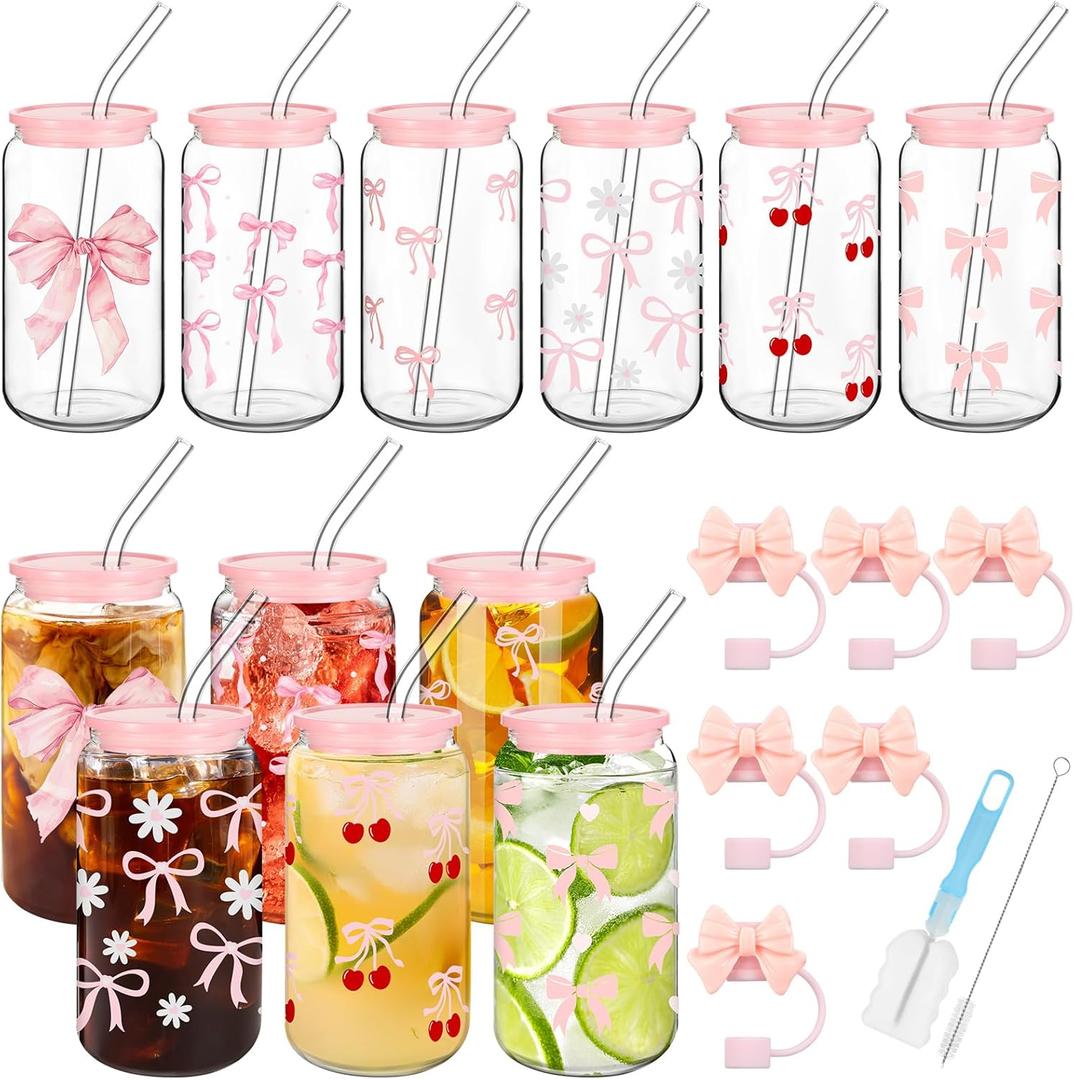 6 Pcs Coquette Bow Glass Cup Bulk 16oz Aesthetic Pink Glass Cup with Lids and Straws Reusable Pink Bow Silicone Straw Toppers Lids Protectors 2 Brush for Drinking Coffee Tea Cocktail