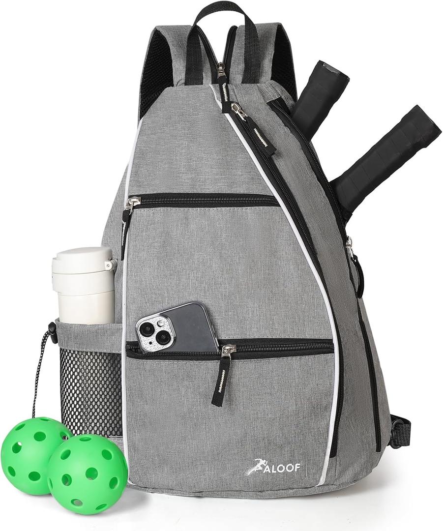 Aloof Pickleball Bag, Adjustable Pickleball, Racketball Sling Bag, Backpack with Water Bottle Holder (Grey)