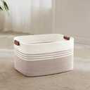 45L Small Laundry Basket with Leather Handles for Living Room Storage, Woven Rope Baskets Bin for Blanket, Kids Toy, Gifts, Wicker Hamper for Bedroom Dirty Clothes, 18"x14"x11" White Brown
