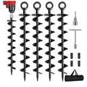 Ground Anchor Screw in, 4 Pack Spiral Trampoline Anchors with Nut and Tool Swing Set Anchors Tent Stakes High Wind Heavy Duty for Sheds, Carports, Mobile Home Black