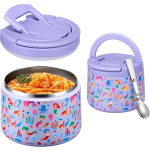 Itslife 14oz Vacuum Insulated Soup Thermos for Hot Food, Kids Lunch Container with Leakproof Buckle Lid, Wide Mouth Stainless Steel Food Jar with Spoon (Purple Mermaid)