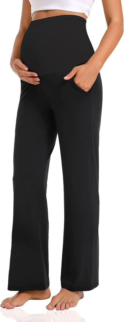 V VOCNI Women's Maternity Lounge Pants Pockets Stretchy Pregnancy Trousers Comfy Wide Leg Yoga Pajama Pants (Large, Black)