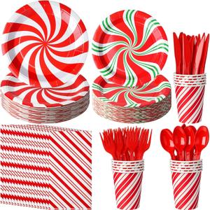 Jectivs Christmas Candy Cane Party Plates Supplies,Christmas Disposable Tableware Peppermint Swirl Red Green Paper Plate Napkins Cup Knives Spoon Fork New Year Christmas Holiday Party Decor Serve 25 (175Pack)