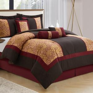 7 Piece California King Comforter Set, Red Brown, Elegant Floral Jacquard, Stylish and Cozy Bedding Collection, Premium Bedding Set with Bedskirt, Shams and Pillows, Red Brown 