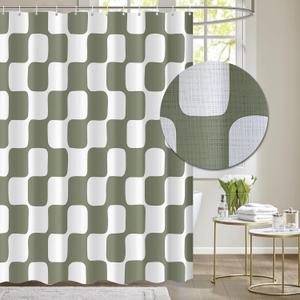 Tititex Retro Checkerboard Grid Pattern 140gsm Faux Linen Fabric Shower Curtain, White Sage Green Classical Groovy Wavy Checkered Shower Curtain Sets Decoration 72x72 Inch with Hooks