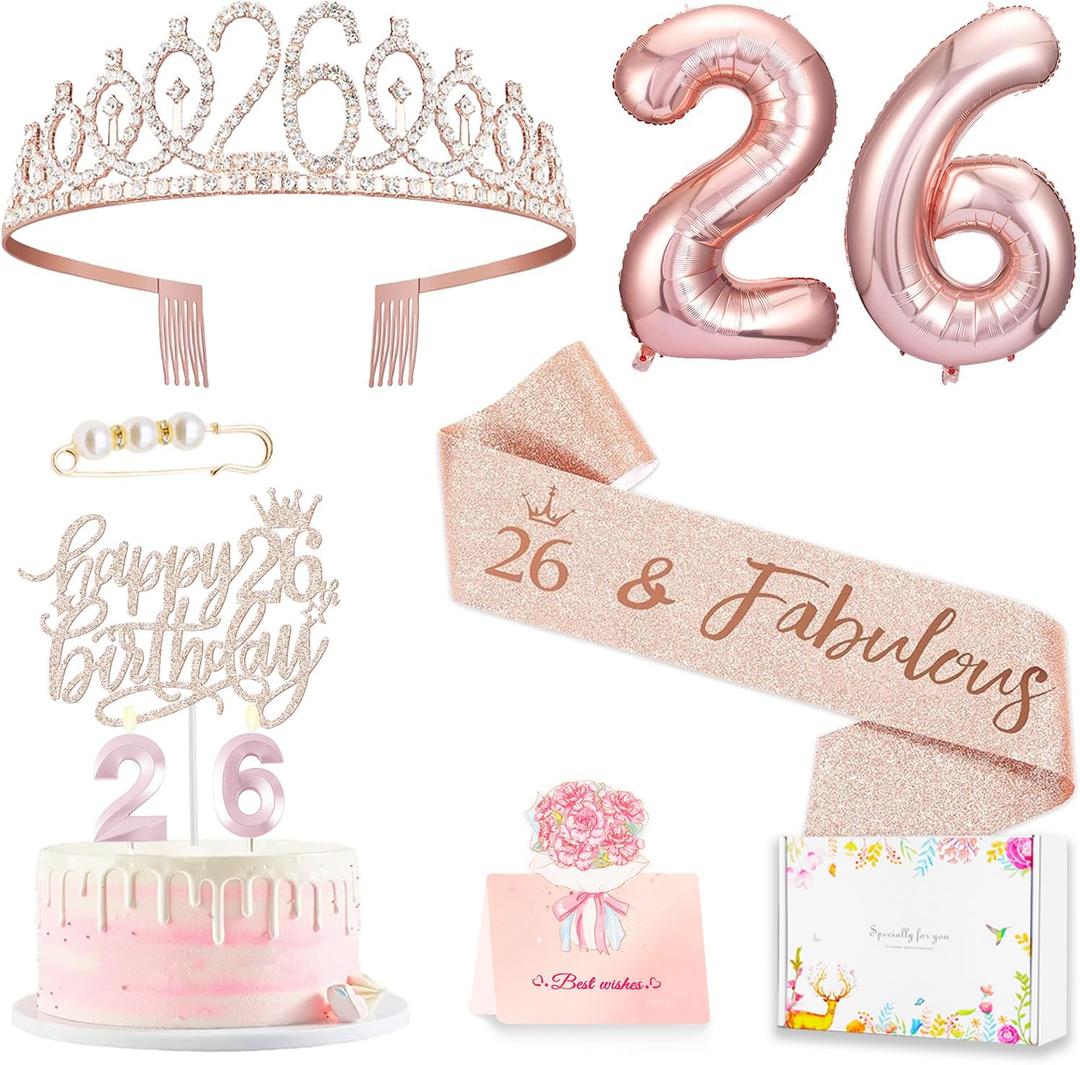 Awfrky 26th Birthday Decorations for Her Women, Including 26 year old Birthday Cake Topper, Queen Sash with Pearl Pin, Sweet Rhinestone Tiara Crown, Number Candles and Balloons Set, Rose Gold