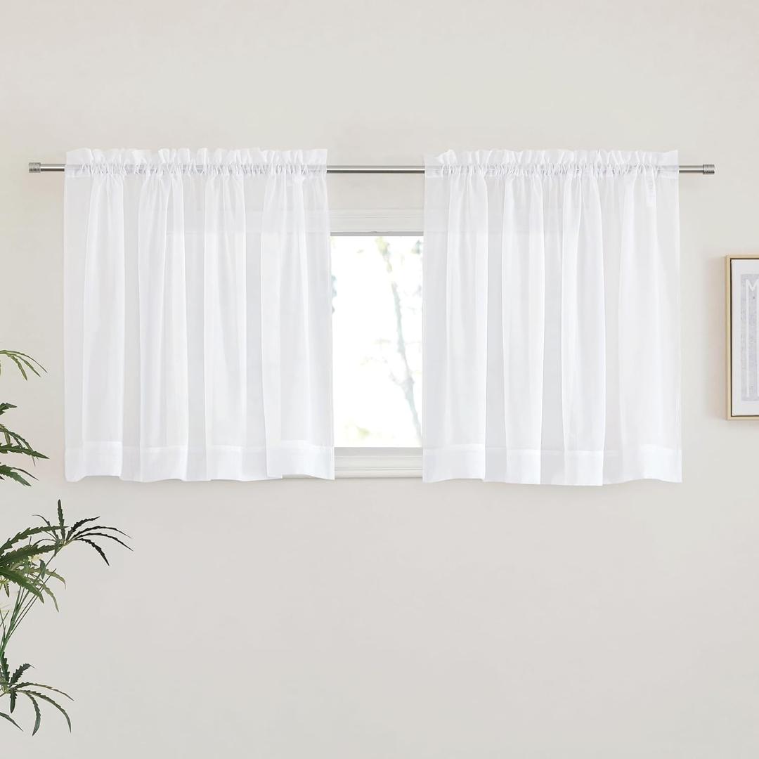 NICETOWN White Short Kitchen Curtains 30 inches Long, Dual Rod Pockets Soft Voile Sheer Elegant & Airy Small Window Treatments for Bedroom/Kitchen, 2 Panels, W60 x L30