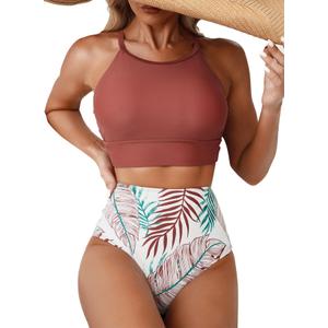 Herseas Women's Bikini Sets High Neck Tropical Leaf Print High Waisted Two Pieces Swimsuits Bathing Suits Large