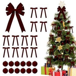 Knitgrip 25 Pcs Burgundy Velvet Tree Topper Christmas Ornaments Include Large Christmas Bows Tree Topper 12 Xmas Velvet Balls 12 Burgundy Bows for Xmas Holiday Door Fireplace Wall Party Decor