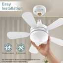 17.7" Socket Fan Light, 3000 Lumens Small Ceiling Fans with Lights and Remote, E26/E27 Light Bulb Fan with Reversible Motor, Dimmable 3000K-6500K Light Socket Fan for Bedroom Kitchen Garage, White