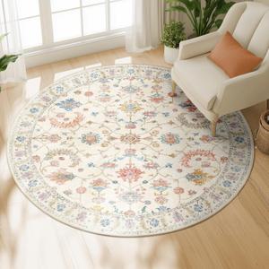 6ft Area Rug Print Washable for Living Room Low Pile Non Slip Soft Thin Carpet Boho Vintage Floral Rug Stain Resistant for Bedroom Dining Room Kitchen Playroom Creamwhite