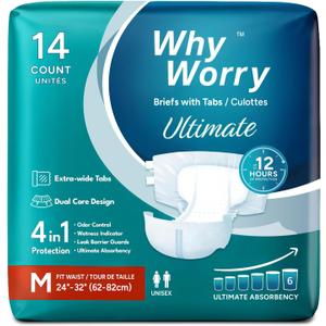 WhyWorry Ultimate Adult Diapers for Men and Women, Disposable Adult Briefs with Tabs for Incontinence, Unisex Incontinence Briefs with Tabs, Ultimate Absorbency, Odor Control, Medium, 14 Count