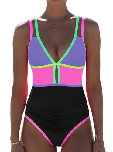 popvil Women One Piece Swimsuit 2026 Tummy Control Sexy Cutout Neon Color Block Bathing Suit Slimming Adjustable Swimwear, Purple Small