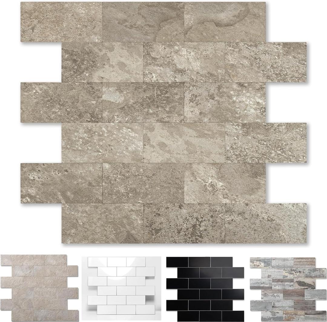 20-Pack Peel and Stick Tile Backsplash 12"X12" PVC Wall Tiles, Stick on Backsplash for Kitchen, Bathroom Tile, Fireplace Dcor, Laundry Table, Stair Decals in Brownish Stone