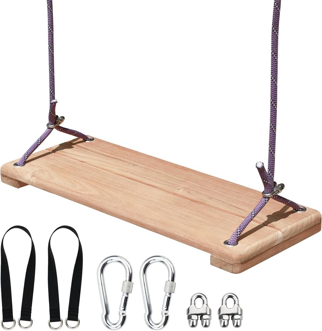 Teak Wood Swing 20.5"x7.8" - Outdoor Wooden Tree Swing Seat for Adults & Kids, Backyard Wood Swings with Height Adjustable Design (Teak Wood 2)