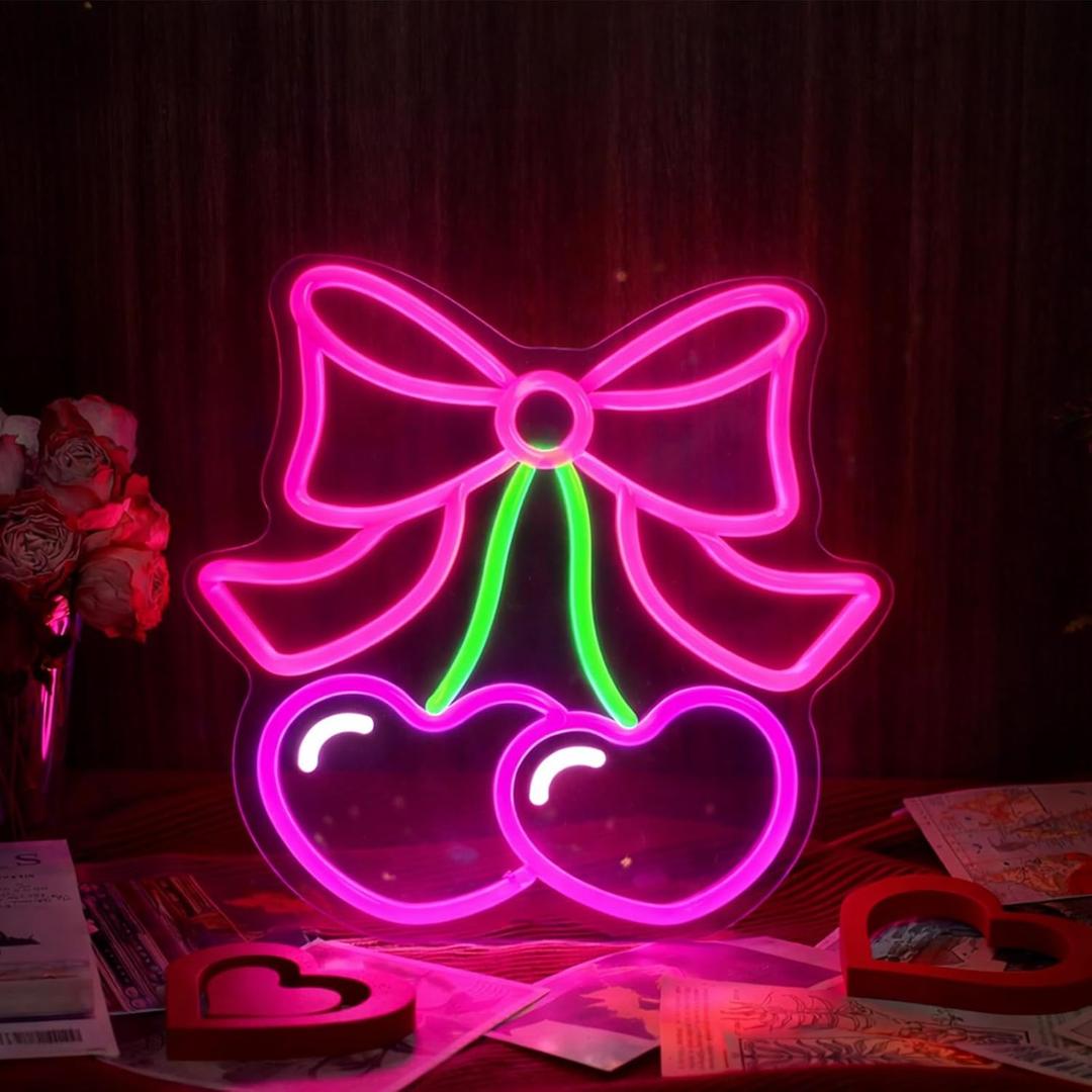 Huquary Valentines Galentines Day Decor Hot Pink Valentines Cherry Bow Neon Sign Window Light Heart LED Light USB Powered 11.8 x 11.8'' Adjustable Lighting for Cherry Birthday Party Room Bedroom Decor