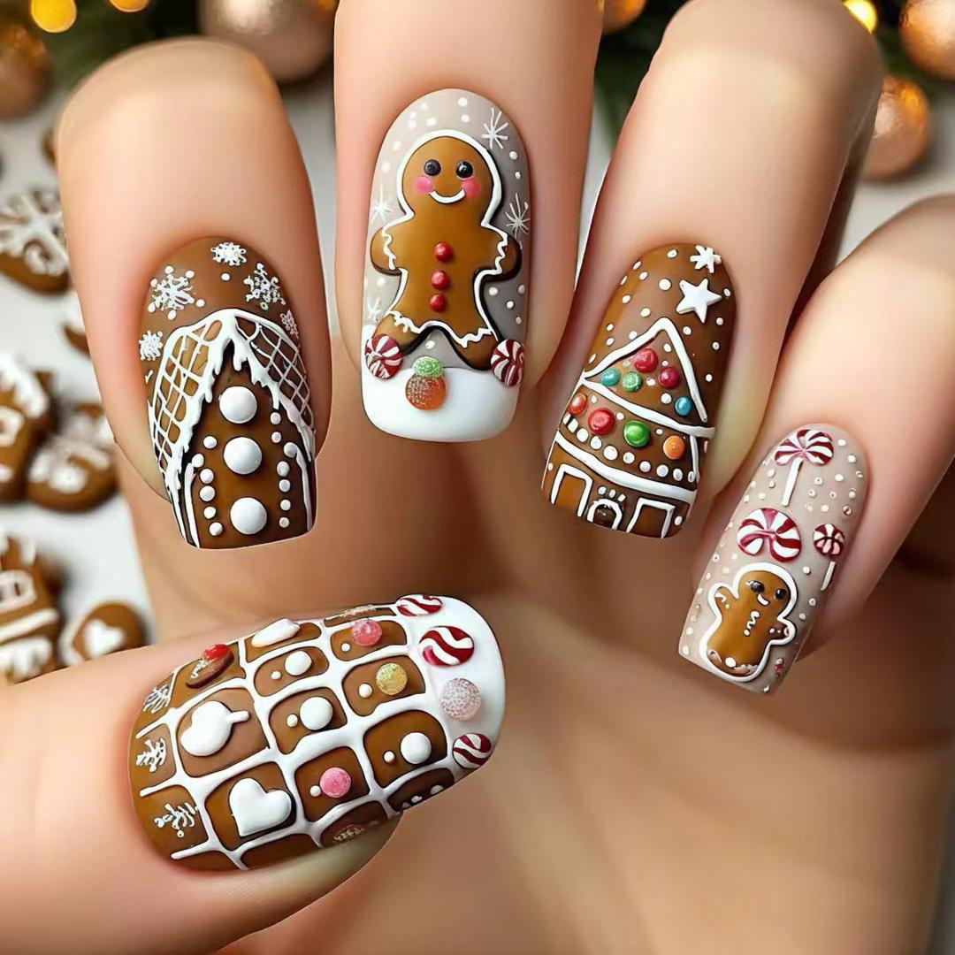 24Pcs Medium Fake Nail Christmas Gingerbread Man Nail with Snow House Designs Full Christmas Cute Press on Nail Snowflake Winter Square False Nail Xmas Glue on Nails for Women Nails Art Kit