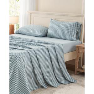 PURE ERA King Sheet Set 100% Washed Cotton Gingham Bed Sheets King Size, 4 Pieces Set,Soft, Breathable, Durable, Linen Feel - 15'Deep Pocket - Checked Blue