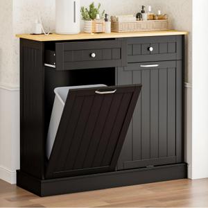 GAZHOME 20 Gallon Double Tilt Out Trash Cabinet with Charging Station, Upgrade Wooden Free Standing Trash Cabinet with Outlet,Recycling Cabinet with Hideaway Drawer (Black)