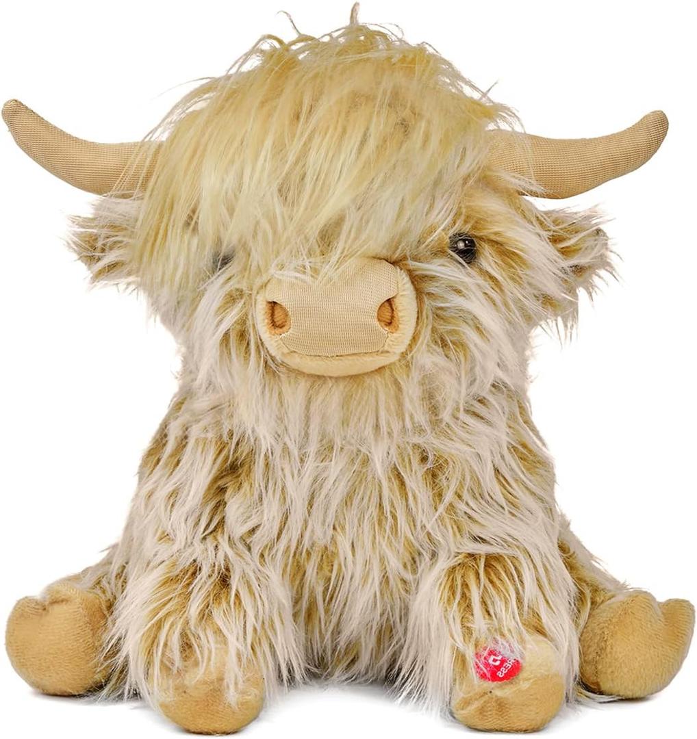 Highland Cow Stuffed Animal with Mooing Sound, 9 inch Ginger Colored, Farm Toy for Boys Girls Gift Decoration
