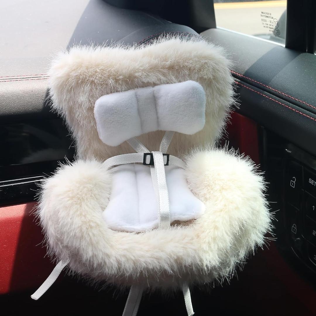Doll Car Seat Compatible with Labubu, Chair for 10-17cm Dolls - Adjustable Safety Strap, Air Vent Clip & Desktop Stand, Soft Cushion, Cute Car Ornament Gift for Collectors & Fans (Beige)