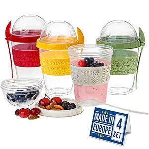 Crystalia Yogurt Parfait Cups with Lids, BPA FREE Reusable Yogurt Containers with Lids and Spoons, Take and Go Yogurt Cup with Topping Cereal or Oatmeal Container, Colorful Set of 2(Large 20 oz)