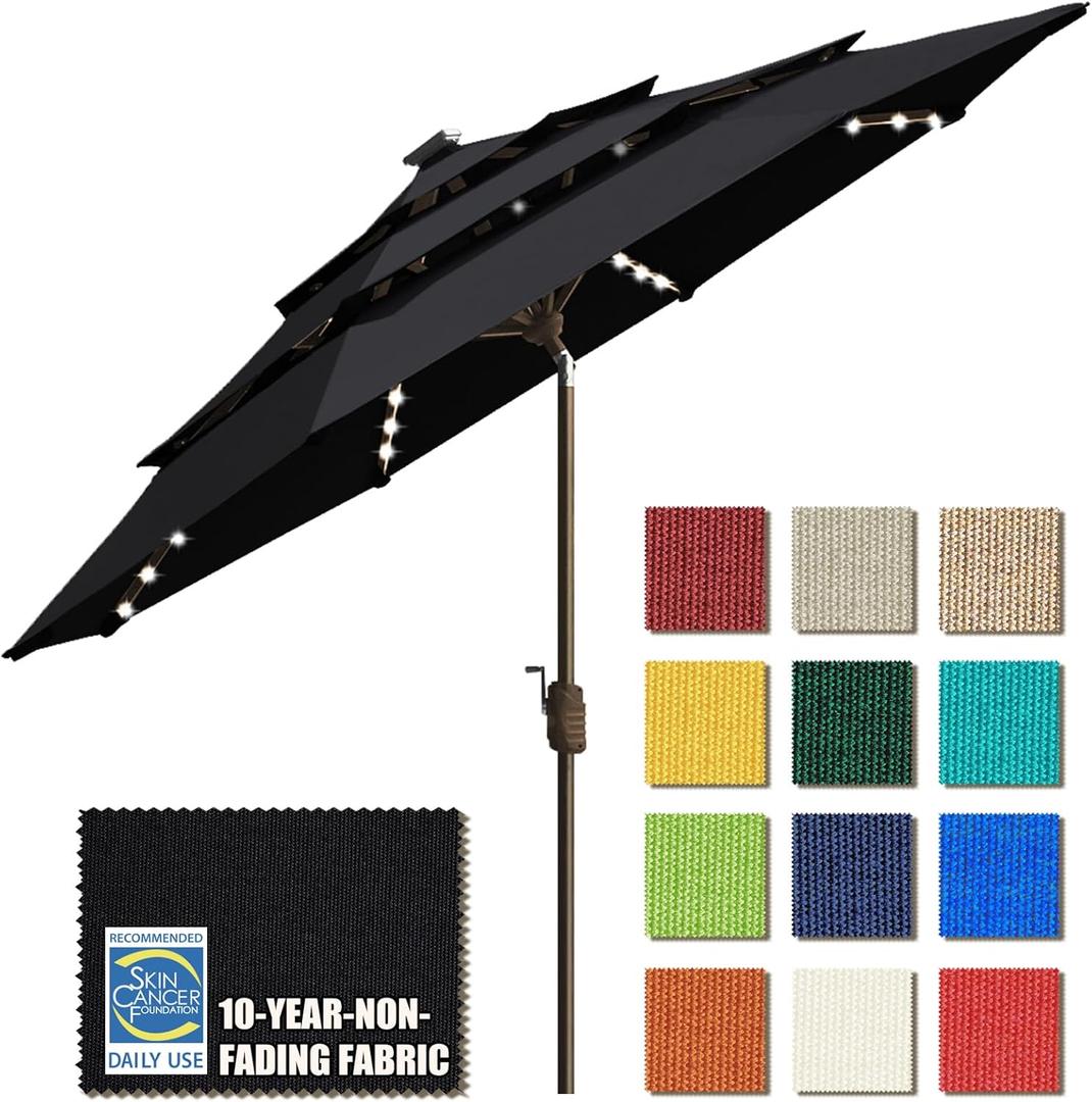 EliteShade USA 10-Year-Non-Fading Solar 9ft 3 Tiers Market Umbrella with 80 LED Lights Patio Umbrellas Outdoor Table with Ventilation,Black