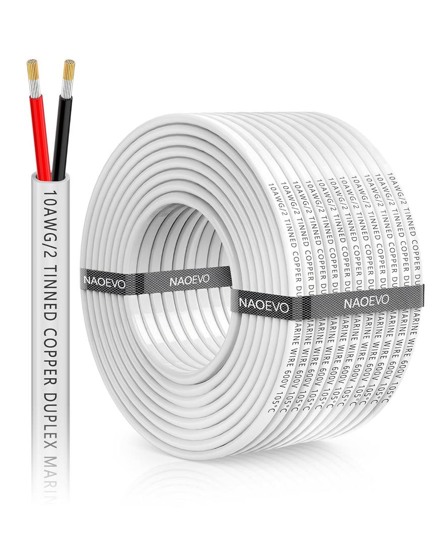 NAOEVO 10 Gauge Marine Wire Duplex, 10 AWG Stranded PVC Marine Electrical Wire, Waterproof/Corrosion Resistant/Tinned Copper Electrical Cable for Boat/Automotive/RV/Solar (60FT)