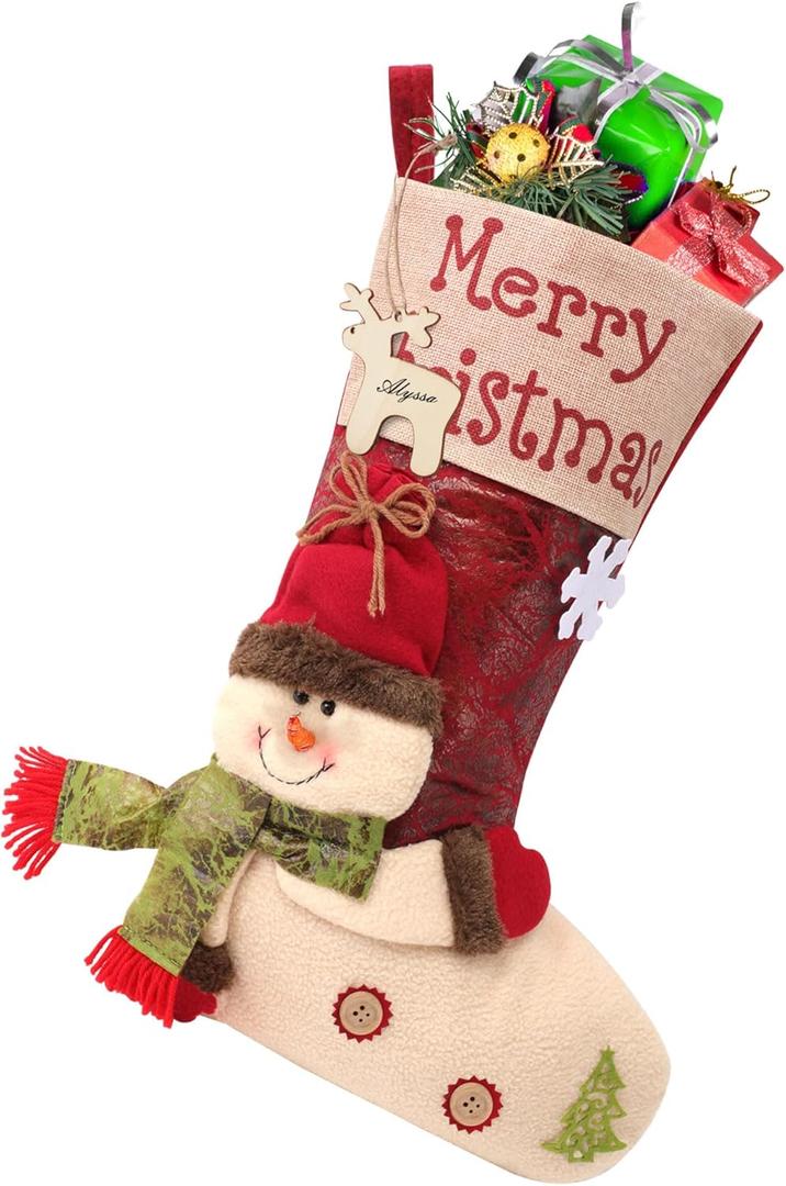 Christmas Stockings - 18.5" Large Christmas Stocking, 3D Cute Snowman Xmas Stockings with Name Tages, Christmas Decorations for Tree, Bed, Stairs & Fireplace