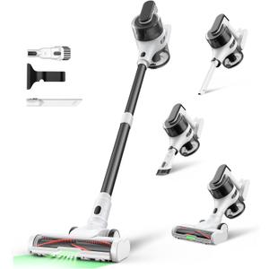 Cordless Stick Rechargeable Vacuum Cleaner, Lightweight, 55min Runtime, 9 in 1 Powerful Suction, Self Standing, Wide Angle LED Headlight, Ideal for Carpets, Hardwood Floors, Pet Hair, and Home (Black & White)