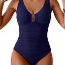 B2prity One Piece Swimsuit for Women Tummy Control Ruched Bathing Suit V Neck Push Up Swimwear, Size L