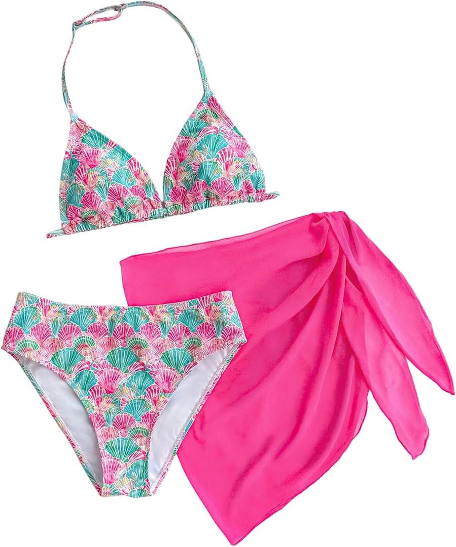 RoseSeek Girl's 3 Piece Bikini Sets Floral Halter Bars and Panties with Tie Side Mini Skirts Swimwear (Pink)