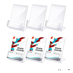 Crtiin 6 Pcs 4 x 6 Inch Acrylic Slanted Sign Holder with Business Card Holders Clear Display Stand Flyer Stand with Gift Card Holder for Office Table Advertisement Brochure