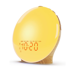 JALL Wake Up Light Sunrise Alarm Clock for Kids, Heavy Sleepers, Bedroom, Full Screen with Sunrise Simulation, Dual Alarm, FM Radio, 15 Nightlights, 8 Sounds, Sleep Timer, Wood Grain
