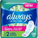 Always Ultra Thin Feminine Pads with Wings for Women, Super Absorbency, Unscented, Size 2, 126 Count (Super (Size 2))