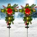 2 Pack Outdoor Solar Lights Christmas Decorations, Cross Stake Lights with Faux Poinsettia Pine Cones Red Berries and Foliage for Garden Patio Grave