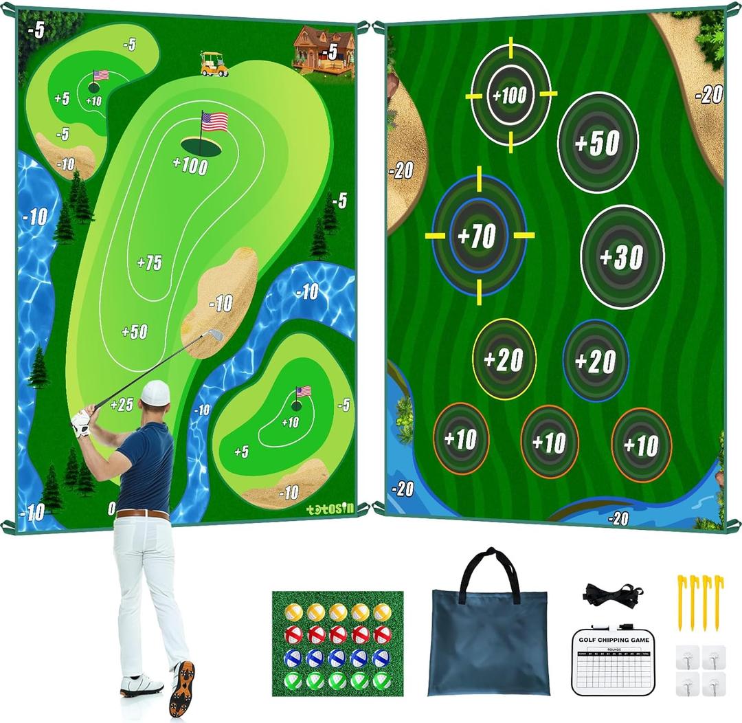 Golf Chipping Game Mat, Double Sided Golf Hitting Mat,6x5 FT Golf Practice Mat Outdoor Indoor Golf Games for Adults,Score Sticky Playing Golf Balls for Home Backyard Garage Game (No Club)