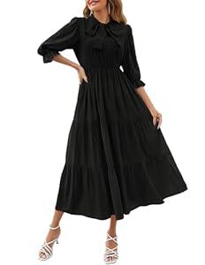 ZESICA Women's Casual Half Sleeve Tie V Neck Elastic High Waist Solid Color Flowy Tiered A Line Beach Party Maxi Dress, Black, Medium