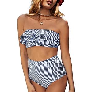 Saodimallsu Women High Waisted 2 Piece Bikini Set Bandeau Ruffle Swimsuit Top Striped Bathing Suits, Blue,  Size -L